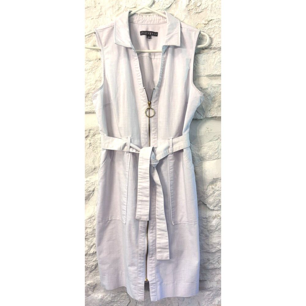 White Shirt Dress Sleeveless Zip Front Belted Midi Pockets Minimalist Career 14